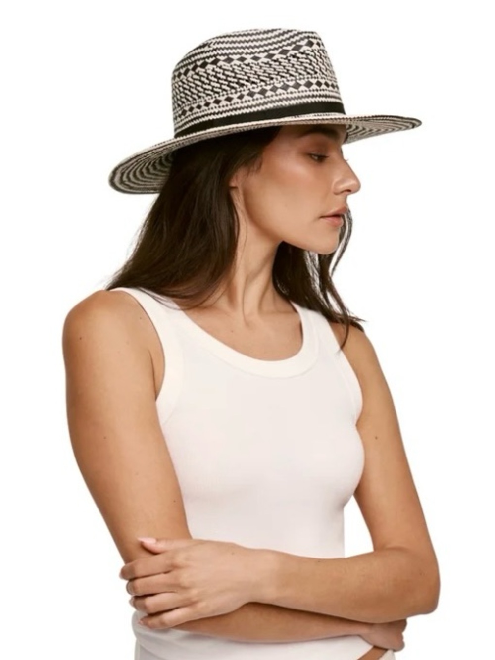 Banana Republic Black and White Woven Straw Boater Hat